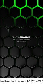 Vertical hexagon background. Gradient color light pattern with dark background technology style. Honeycomb. Vector illustration of light green.
