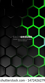 Vertical hexagon background. Gradient color light pattern with dark background technology style. Honeycomb. Vector illustration of light green.