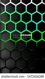 Vertical hexagon background. Gradient color light pattern with dark background technology style. Honeycomb. Vector illustration of light green.