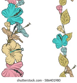 Vertical hibiscus in beige, pink and blue colors on a white background. Aloha hawaiian shirt vector seamless pattern with copy space (place for your text).