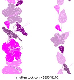 Vertical hibiscus flower pattern on a white background in purple and pink colors with copy space (place for your text).