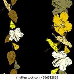 Vertical hibiscus flowers with copy space in yellow and brown colors. Watercolor painting. Vector sketch of yellow and brown hibiscus flowers, blossom with leaves isolate, buds. Hand drawn design.