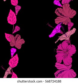 Vertical hibiscus flowers in magenta and pink colors with copy space (place for your text).