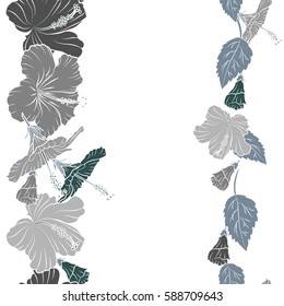Vertical hibiscus flowers seamless pattern on a white background in gray and blue colors with copy space (place for your text).