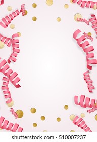 Vertical holiday background with frame made of pink paper serpentine streamers and golden metallic confetti 