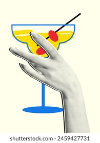 Vertical, holiday banner in retro collage style. A woman's hand with a halftone effect holds a glass of cocktail.