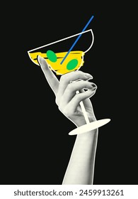 Vertical, holiday banner in retro collage style. A woman's hand with a halftone effect holds a glass of cocktail.