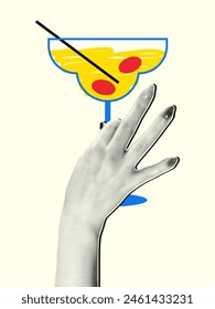 Vertical, holiday banner in retro collage style. A woman's hand with a halftone effect holds a glass of cocktail.