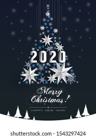 Vertical holiday card with abstract Christmas tree made of stars and snowflakes, and the inscription Merry Christmas!