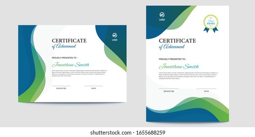 Vertical & Horizontal abstract waves certificate template || Colored Blue and Green Waves Background