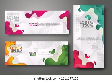 Vertical and horizontal banner set, design template in trendy vibrant gradient colors with abstract fluid shapes for media promotion and other users