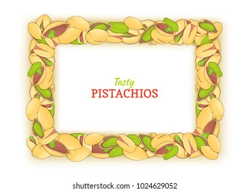 Vertical horizontal colored frame composed of delicious of pistachio nut. Vector card illustration. Pistacia nuts frame, walnut fruit in the shell, whole, shelled, leaves for packaging design of food