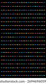 Linhas tracejadas verticais e horizontais em várias cores em um plano de fundo preto.