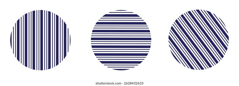 Vertical, horizontal, diagonal stripes in circle - vector for print or design on white background.