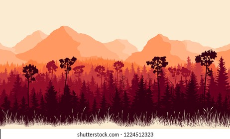 Vertical horizontal illustration of mountains and coniferous forest with grass (in red tone).