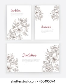 Vertical and horizontal Invitation cards with hand drawn vintage flowers. Black and white vector templates.