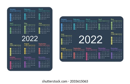 vertikale und horizontale Layout Kalender 2022 minimalistisches Volljahresgitter, Taschengröße, sonntags erster