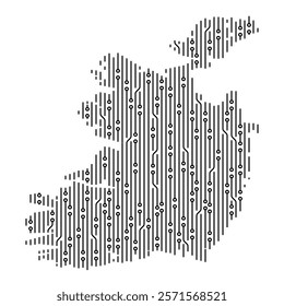 Vertical and horizontal lines and circles creating a circuit board forming the map of ireland on a white background