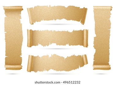 Vertical and horizontal old paper scroll ribbon banners vector set. Piece of papyrus torn strip illustration