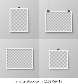 Vertical and horizontal realistic photo frames. Mockup blank picture frame hanging on binder clips. Isolated vector framework on the wall. Interior decoration or artwork gallery exhibition 3d element