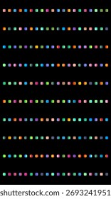 Linhas verticais e horizontais de quadrados multicoloridos em um plano de fundo preto, criando um design vibrante e geométrico.