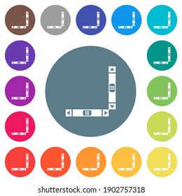 Vertical and horizontal scroll bars flat white icons on round color backgrounds. 17 background color variations are included.