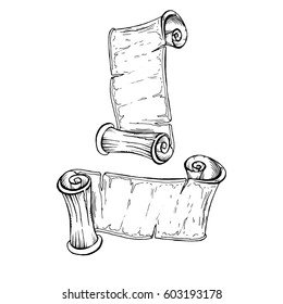 Vertical and Horizontal vintage paper roll or parchment scroll, ancient papyrus or old blank letter, empty and torn poster template.Scroll. Vector illustration of an old scroll of parchment paper. 