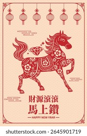 Vertical Horse Year Greeting Card — o texto chinês expressa "Desejo de um fluxo constante de riqueza e lucros rápidos.