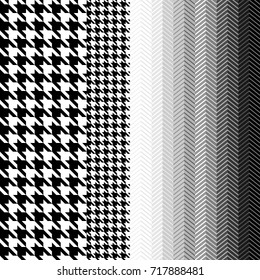 Vertical hounds tooth and chevron print. Seamless vector pattern with black and white geometric elements. Textile design with English motifs. Autumn collection.