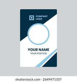 Vertical ID badge: dark blue corner, white diagonal stripe, circle for photo, "YOUR NAME," "YOUR POSITION," light blue accent, corporate logo, clean design.
