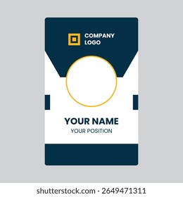 Vertical ID card: dark blue top, white center with photo circle, name position text, dark blue bottom, gold accents, flat design, corporate feel.