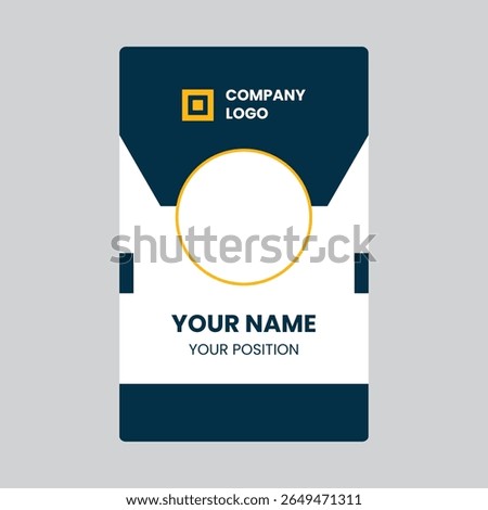Vertical ID card: dark blue top, white center with photo circle, name position text, dark blue bottom, gold accents, flat design, corporate feel.