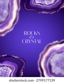 Vertical illustrated background featuring four large purple agate geode cross-sections positioned at the corners, creating a frame around a central open purple gradient area. The geodes show realistic concentric banding in deep burgundy, lavender, and white with druzy crystalline clusters at their centers. The elegant serif 