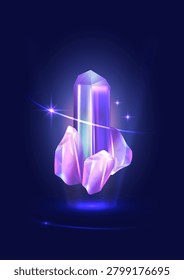 Vertical illustrated background featuring a pink and purple iridescent quartz crystal cluster with a dominant central tower point and smaller flanking crystals. The cluster glows from below against a deep dark navy background with subtle blue halo illumination and star sparkle accents. The composition leaves the upper portion open for text overlay. Suitable for crystal healing content, gemstone shop promotions, wellness event posters, fantasy game art, and mineralogy campaigns.
