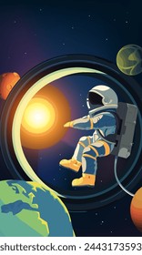 Ilustración vertical de astronautas explorando el espacio con estrellas y planetas en el fondo