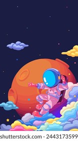Ilustración vertical de astronautas explorando el espacio con estrellas y planetas en el fondo