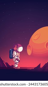 Ilustración vertical de astronautas explorando el espacio con estrellas y planetas en el fondo
