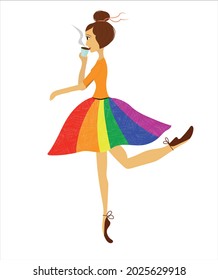Vertical illustration of a ballerina in a lgbt skirt drinking coffee, isolated on white background, in vector.
