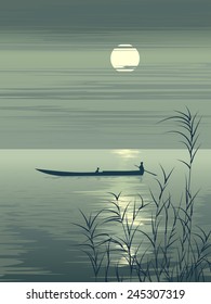 Vertical illustration boat on lake against the Moon in green tone.