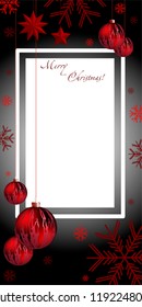 Vertical illustration, Christmas, greeting composition with Christmas decorations. New Year's art, New Year's card with red and silver balls, stars and snowflakes.