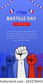 Ilustração vertical comemorando o Dia da Bastilha com cores da bandeira francesa e unidade simbólica através de mãos levantadas.