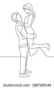 vertical illustration with an engagement heterosexual couple. one line drawing of a young couple during their honeymoon. man and woman in evening dresses, the groom raised the bride in his arms