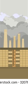 vertical illustration of flat-style factory chimneys against the sky