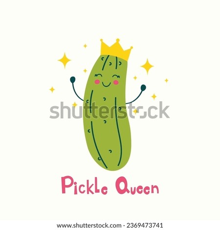 Vertical illustration of a happy pickle with pretty eyes and a big smile, wearing a golden crown fit for a Queen with hand lettering text. Foto stock © 