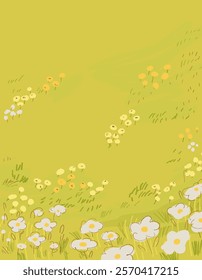 Vertical illustration of a serene field filled with greenery and blooming daisies, perfect for spring postcards, holiday designs, or as a tranquil background. Ideal for nature-themed project