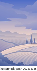 Vertical illustration sown fields on rural landscape.