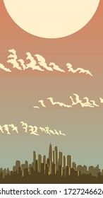 Vertical illustration with the sunset, clouds and abstract big city and skyscrapers with glare from the sun.