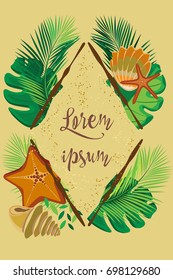 vertical illustration of tropical leaves, seashells and starfishes on the beach background. In the center of the rhombus place for your text.