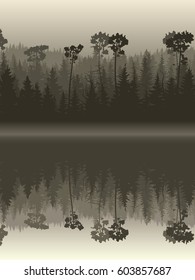 Vertical illustration twilight misty coniferous forest with its reflection in water.