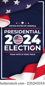 Vertical illustration vector graphic of united states flag, presidental election and year 2024 perfect for election day in united states, united states flag